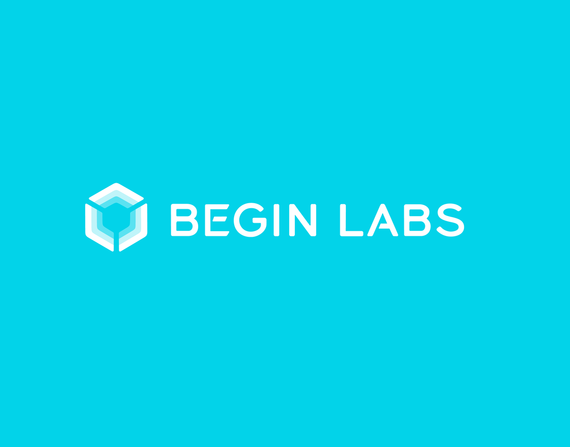 The Begin Labs logo design on a bright turquoise background.