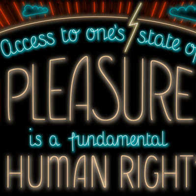 Animated neon lettering of the phrase “Access to one’s state of pleasure is a fundamental human right” in a landscape with sunbeams, clouds, and lightning.