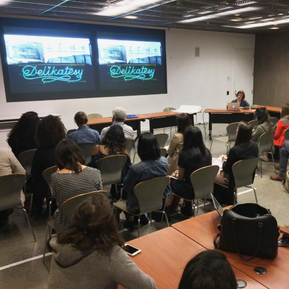 Kate Widdows giving a  talk about neon GIF animation for Typographics 2017.