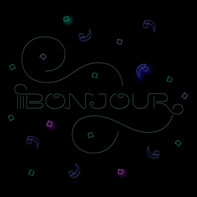 Animated neon lettering flashing of the word “Bonjour” in all caps, surrounded by floating multi-colored flashing confetti.