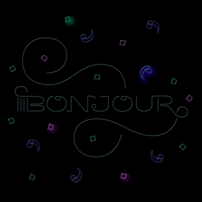 Animated neon lettering flashing of the word “Bonjour” in all caps, surrounded by floating multi-colored flashing confetti.