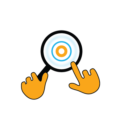 two hands, one holding a magnifying glass, and one pointing to what's in the glass.