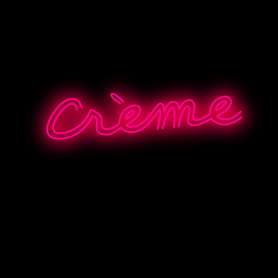 Animated neon lettering of the phrase “Créme Glacèe” in white and pink double stroke letters, including script and capitals.