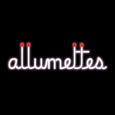 Animated neon of the word “Allumettes” with the l’s and t’s representing matches, lit with flames in succession.