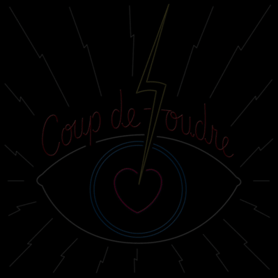 Animated neon lettering of the phrase “Coup de Foudre” in a white single stroke upright script, over an eye with a lightning bolt striking it’s heart shaped pupil.