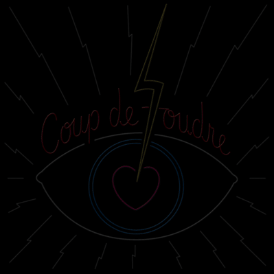 Animated neon lettering of the phrase “Coup de Foudre” in a white single stroke upright script, over an eye with a lightning bolt striking it’s heart shaped pupil.