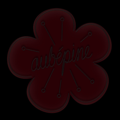Animated neon lettering of the word “aubépine” in a single stroke script across a neon illustration of a pink hawthorne flower.