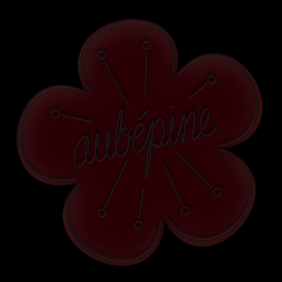 Animated neon lettering of the word “aubépine” in a single stroke script across a neon illustration of a pink hawthorne flower.