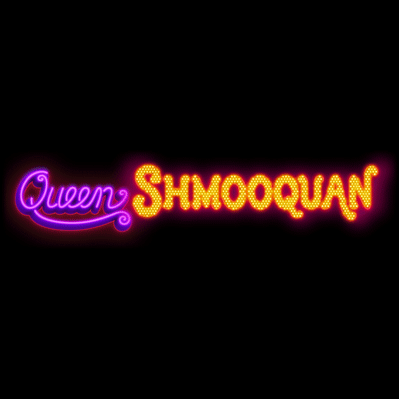 Animated neon of the name “Queen Shmooquan” in a purple, pink, and yellow mix of script and capitals.