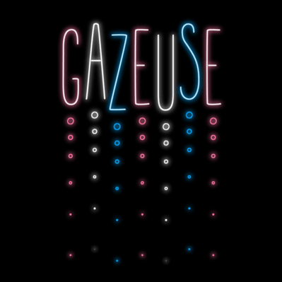 Animated neon lettering of the word “Gazeuse” in all capitals with sequential flashing and floating bubbles.