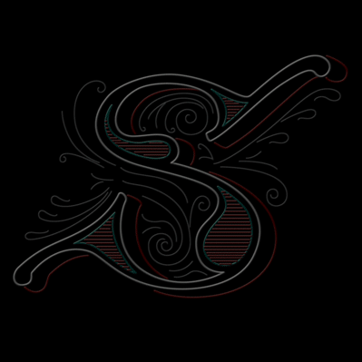 Animated neon of an elaborately illustrated capital letter S in Parisian gravure style lettering of the late 19th century.