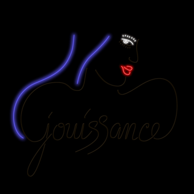 Animated neon of the word “Jouissance” in brown single stroke lettering as part of an illustration of a winking female.