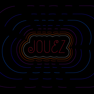Animated neon of the word “Jouez” in a cloud-shape with emanating diminished outlines.