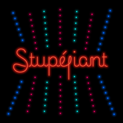 Animated neon of the word “Stupéfiant” in a single stroke upright script, with multi-colored dotted lines flashing in succession.
