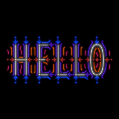 Animated neon lettering of the word “Hello” illustrated as an elaborate tapestry in several colors.