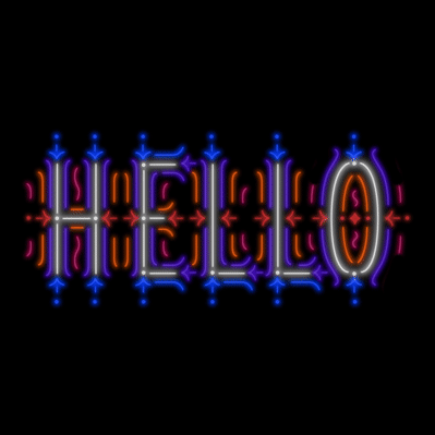 Animated neon lettering of the word “Hello” illustrated as an elaborate tapestry in several colors.