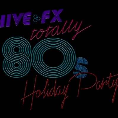 Animated neon lettering of the phrase “Hive FX totally 80s holiday party” in a 1980s style mix of flashing script and capitals.