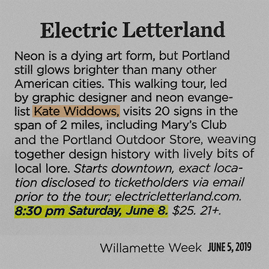 Newspaper clipping describing the Electric Letterland neon walking tour of Portland. 