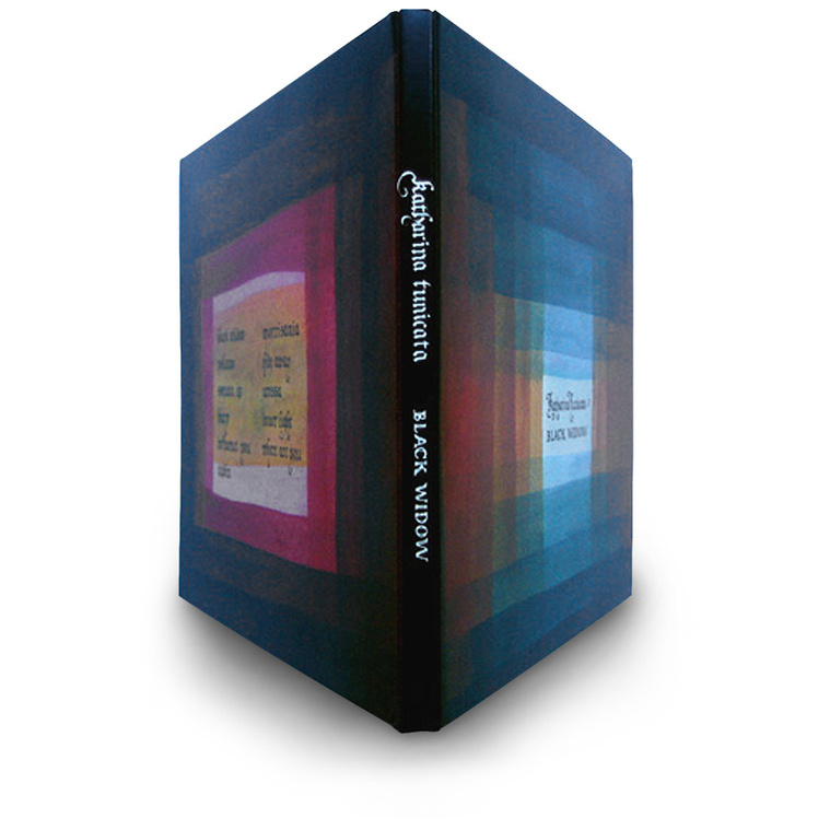 spine view of the digipak CD cover art for Katharina Tunicata's Black Widow with an abstract watercolor painting in layers and calligraphy style lettering.
