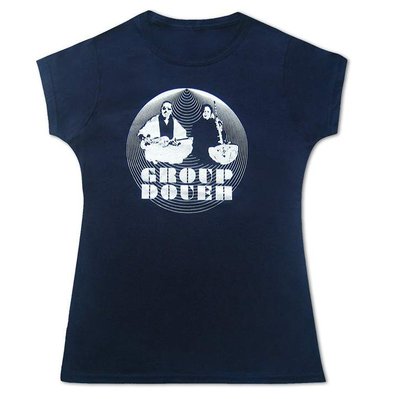 Navy blue tshirt with a white design that says "Group Doueh" in art deco geometric lettering, and an image of the musicians surrounded by concentric circles.