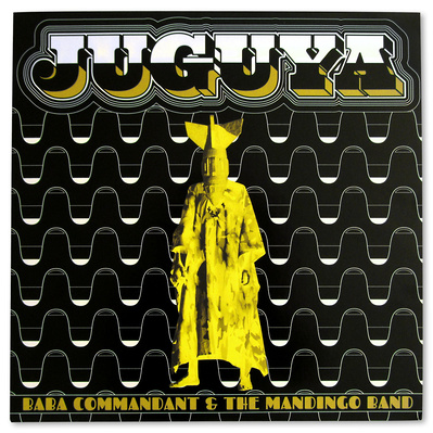 Album cover artwork for "Juguya" an LP by Baba Commandant and the Mandingo Band, with pattern designs inspired by Burkina Faso's craft culture and lettering as custom drawn shadow type.
