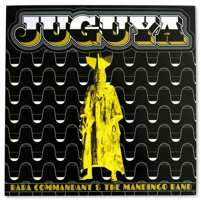 Album cover artwork for "Juguya" an LP by Baba Commandant and the Mandingo Band, with pattern designs inspired by Burkina Faso's craft culture and lettering as custom drawn shadow type.