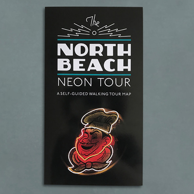 Cover of the Neon Speaks "North Beach Neon Tour" guide and map, which uses Zaborsky as a headline font.