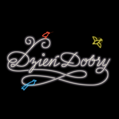 Animated neon lettering reading “Dzien Dobry” in white single stroke script, adorned with colored birds.