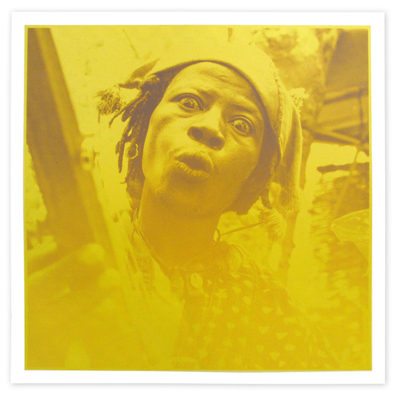 Portrait of the frontman of Baba Commandant and the Mandingo Band, in yellow and brown, the insert for the band's album 