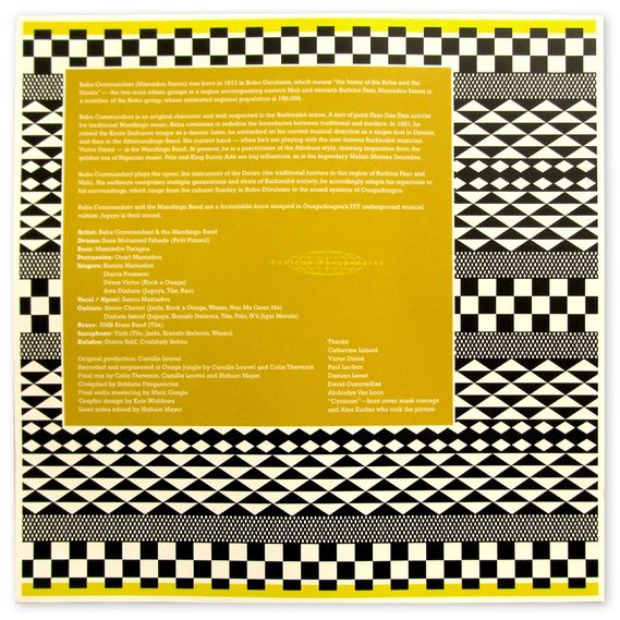 A black and white pattern with yellow accents and album credits for Baba Commandant and the Mandingo Band's 