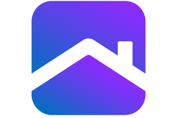 A house rooftop and chimney symbol in white on a purple background. 