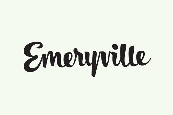 The city name “Emeryville” hand lettered with a brush in black ink in a heavy upright script.