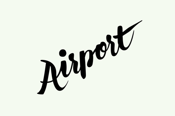 The word “Airport” hand lettered at a sharp angle with a brush in black ink in a heavy upright script.