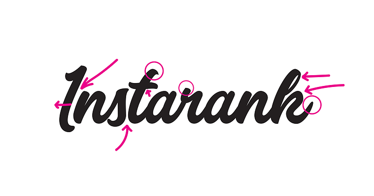Instarank wordmark in a heavy brush script type (Cosmoball) in black on a white background, with editing marks, arrows, and circles, drawn on the mark in bright magenta. 