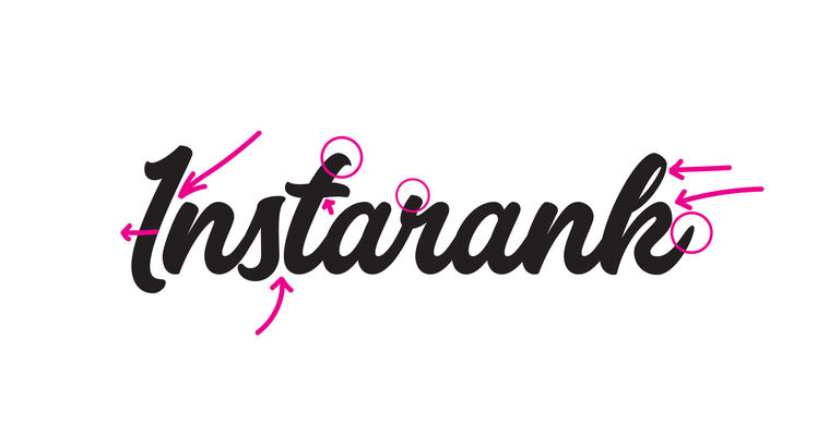 Instarank wordmark in a heavy brush script type (Cosmoball) in black on a white background, with editing marks, arrows, and circles, drawn on the mark in bright magenta. 