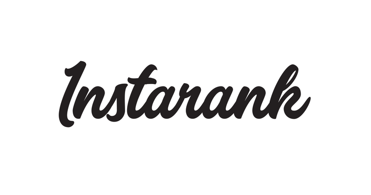 Instarank wordmark in a heavy brush script type (Cosmoball) in black on a white background. 
