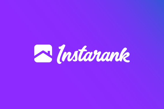 Instarank logo in a customized thick brush script type, with a house rooftop and chimney symbol on the left side of the wordmark, in white on a purple background. 