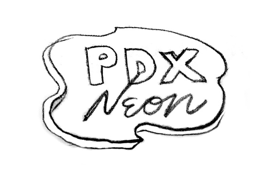 Rough pencil sketch of the PDX Neon logo, drawn in the style of a vintage neon motel sign, with a custom lettered mix of cowboy capitals and an optimistic 1950s script, placed within a cloud or fried-egg shape.
