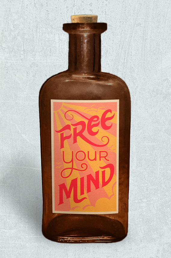 A vintage brown medicine bottle with a label of the phrase “Free Your Mind” psychedelic vintage lettering with sun, sun rays, birds, and clouds in pink and yellow.
