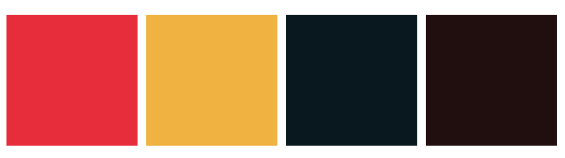 Four color squares in bright pink-orange, mustard yellow, dark turquoise, and black.