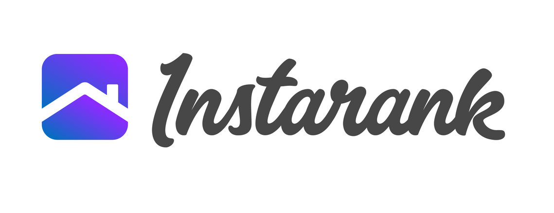 Instarank logo in a customized thick brush script type, with a purple house rooftop and chimney symbol on the left side of the wordmark. 
