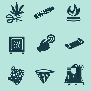 A collection of icons designed for use in an infographic illustrating how Luna Technologies' hydrocarbon extraction system works, and what products it produces. Icons include a hand pushing a button, a flaming plate, cartridge, strainer, and more.