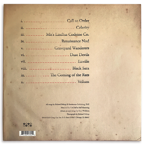 Oneiric Formulary album back cover, with track listing on the yellow aged paper and foxing of an antiquarian book, with Victorian era type treatments.