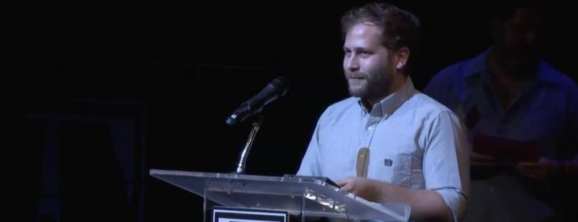 Aidan Meyer accepting the 2017 NYIT Award for Outstanding Sound Design for his work in the play The Red Room