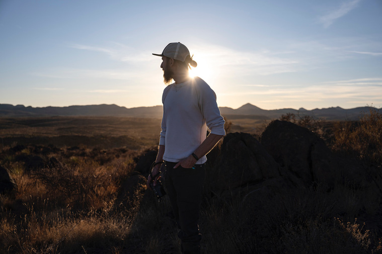 Portrait of Justin Hamel at sunset by Eli Hartman in Big Bend Ranch State Park, Texas.