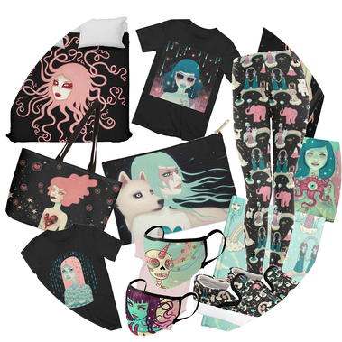 Tara McPherson Threadless Artist Shop full of apparel, kids shirts, tote bags, phone cases, notebooks, zip pouches, and super fun housewares items like shower curtains, pillows, duvets, and beach towels.