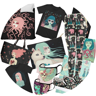 Tara McPherson Threadless Artist Shop full of apparel, kids shirts, tote bags, phone cases, notebooks, zip pouches, and super fun housewares items like shower curtains, pillows, duvets, and beach towels.