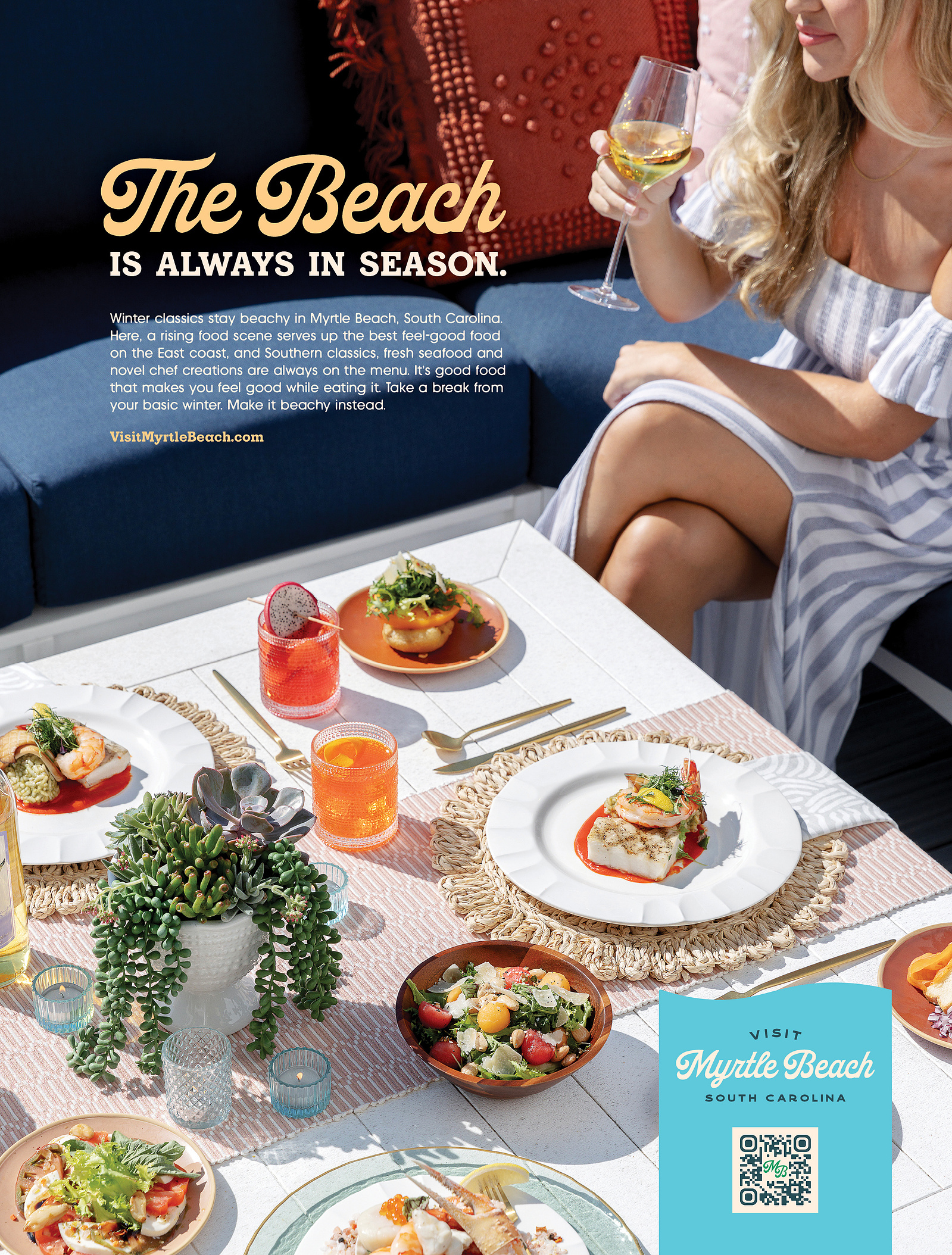 full page advertisement for Visit Myrtle Beach of a woman with wine at a table full of food.