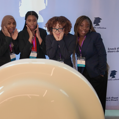Four adult black women posing and making shocked faces in front of a photo booth at The Sadie Collective Event 2024
http://www.annanproductions.com/
