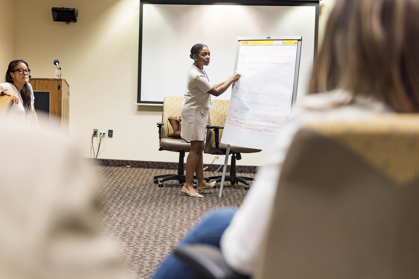 5th Haiti Funders Conference 2023.

A black woman in a white dress is standing in front of the room, delivering a lecture. 

https://www.haitidevelopmentforum.org/funders-conference